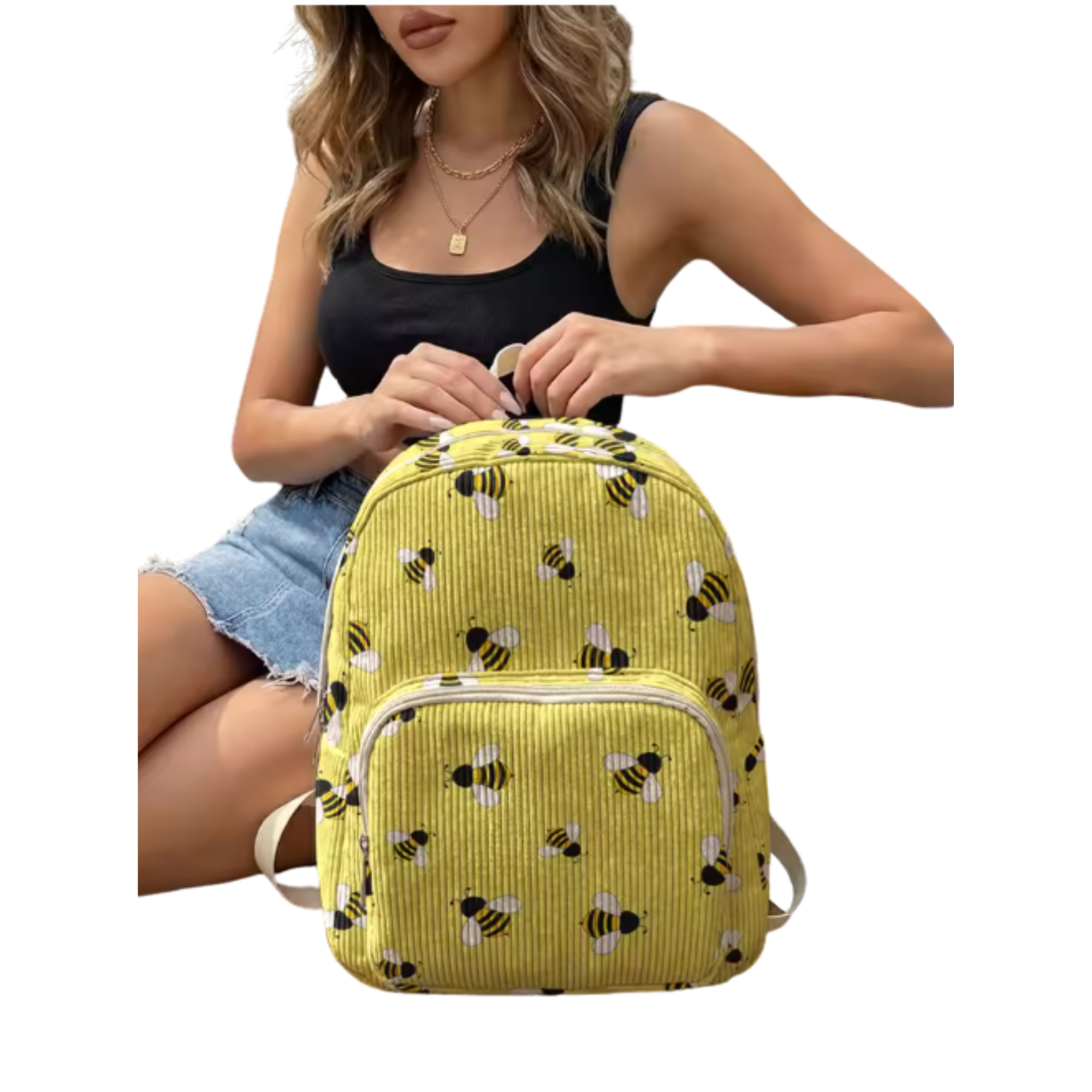 Yellow Bee Print Corduroy Backpack - Image 2