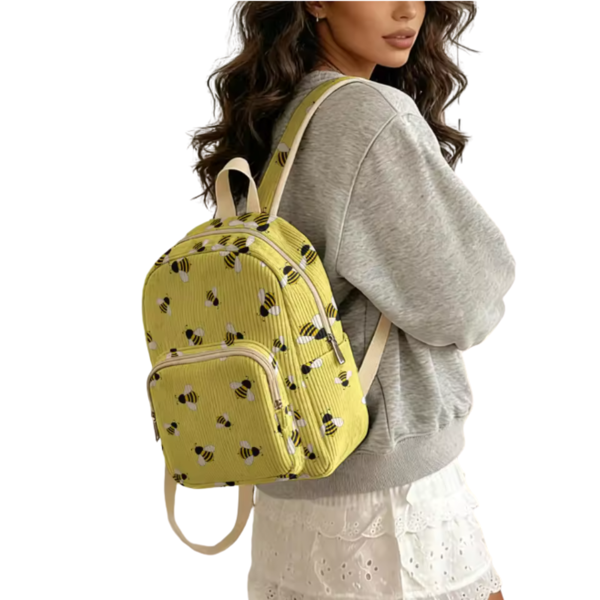 Yellow Bee Print Corduroy Backpack - Image 3
