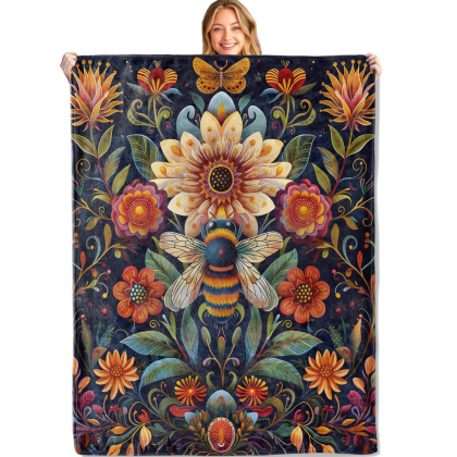 Bee Floral Flannel Throw Blanket